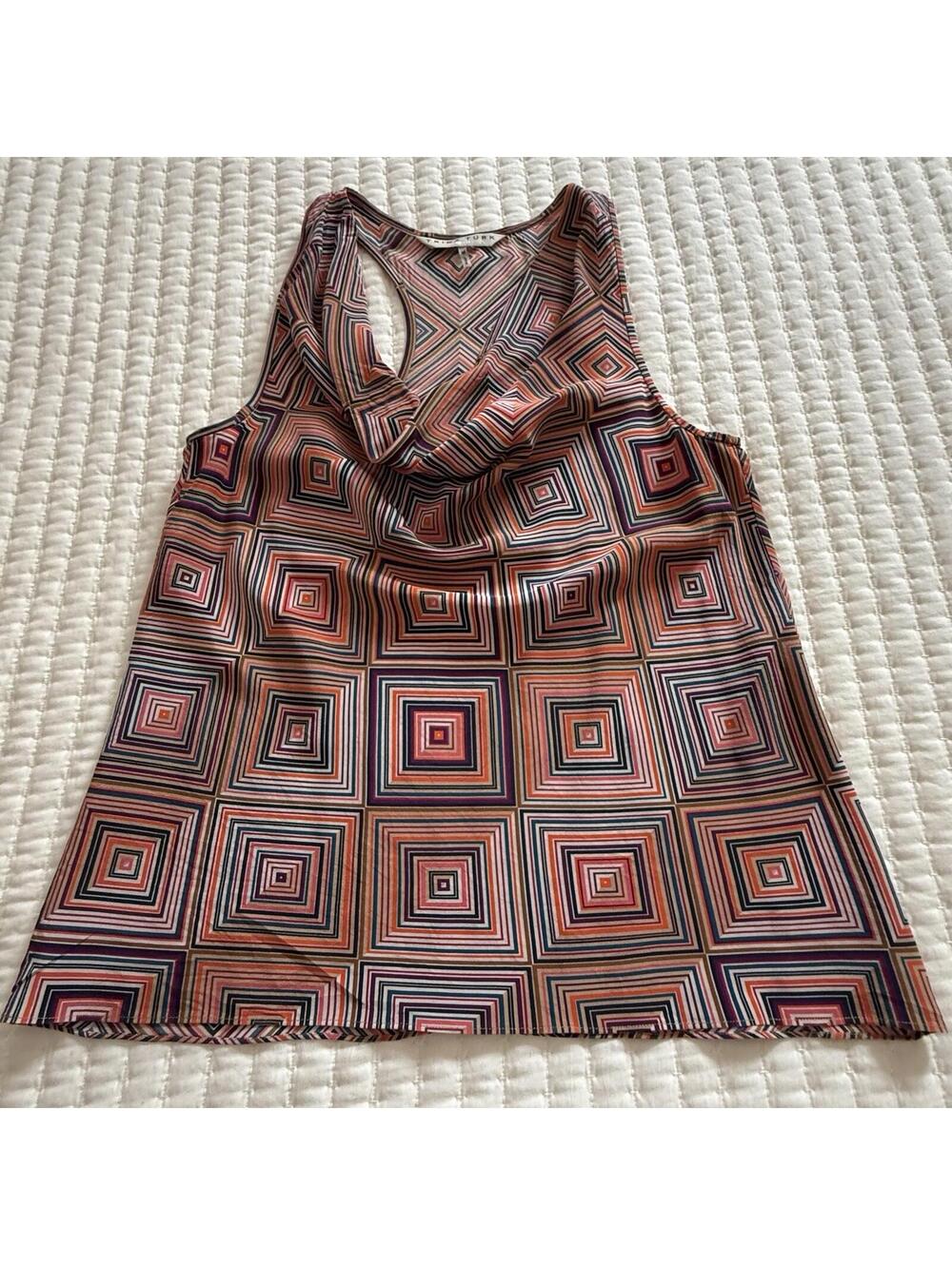 Trina Turk Colorful Geometric Cowl Neck Silk Sleeveless Tank Top Sz M Medium